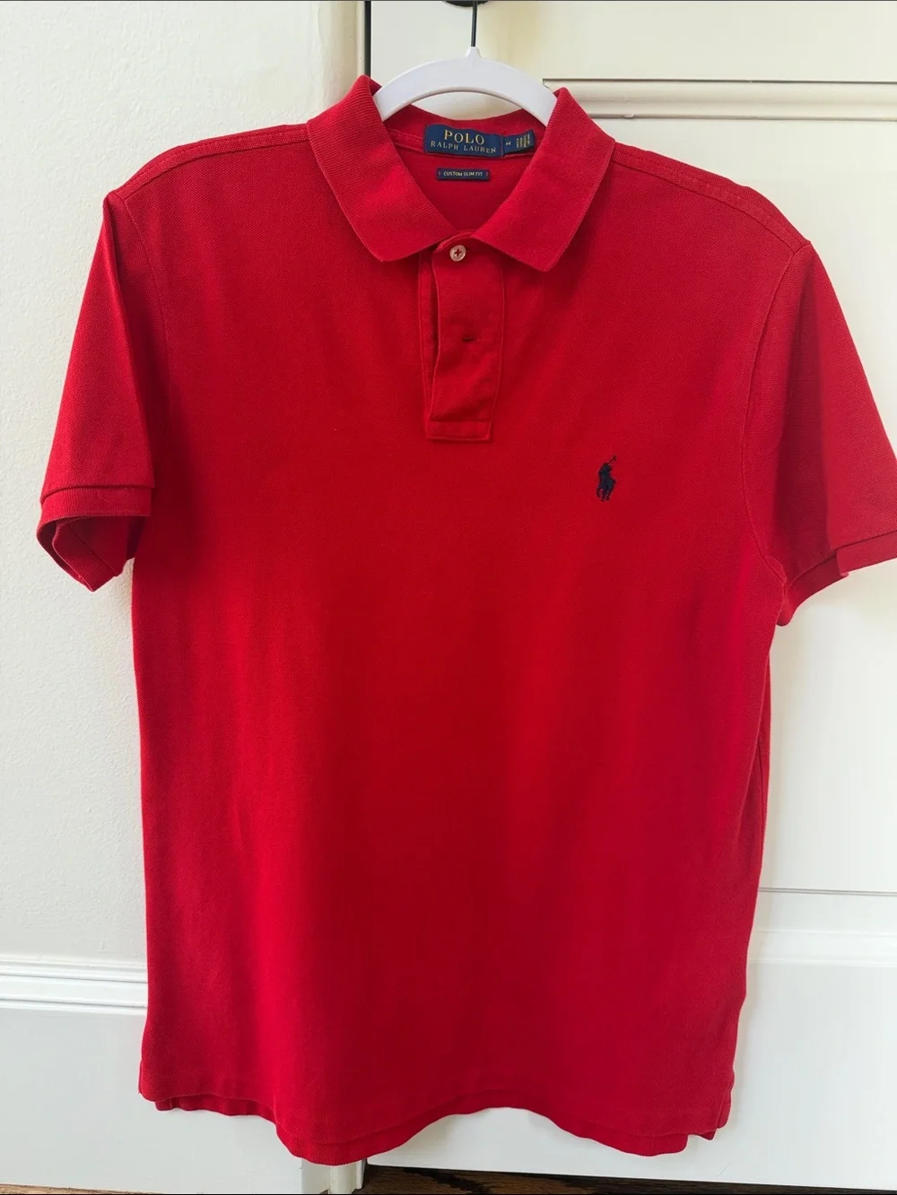 Polo by Ralph Lauren Red Slim Fit Mesh Polo with Navy Pony - size M
